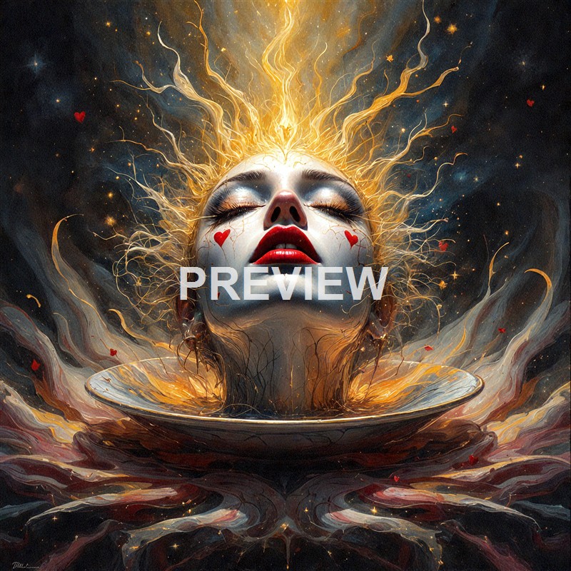 A surreal and fantastical digital painting of a woman's face with closed eyes, red lips, and heart symbols on her cheeks, surrounded by glowing, fiery tendrils emanating from her head against a cosmic background.